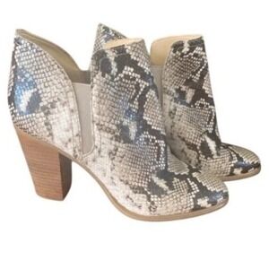 Snakeskin Print Ankle Booties Beige Brown Block Heel Elastic Panels Womens SZ 10